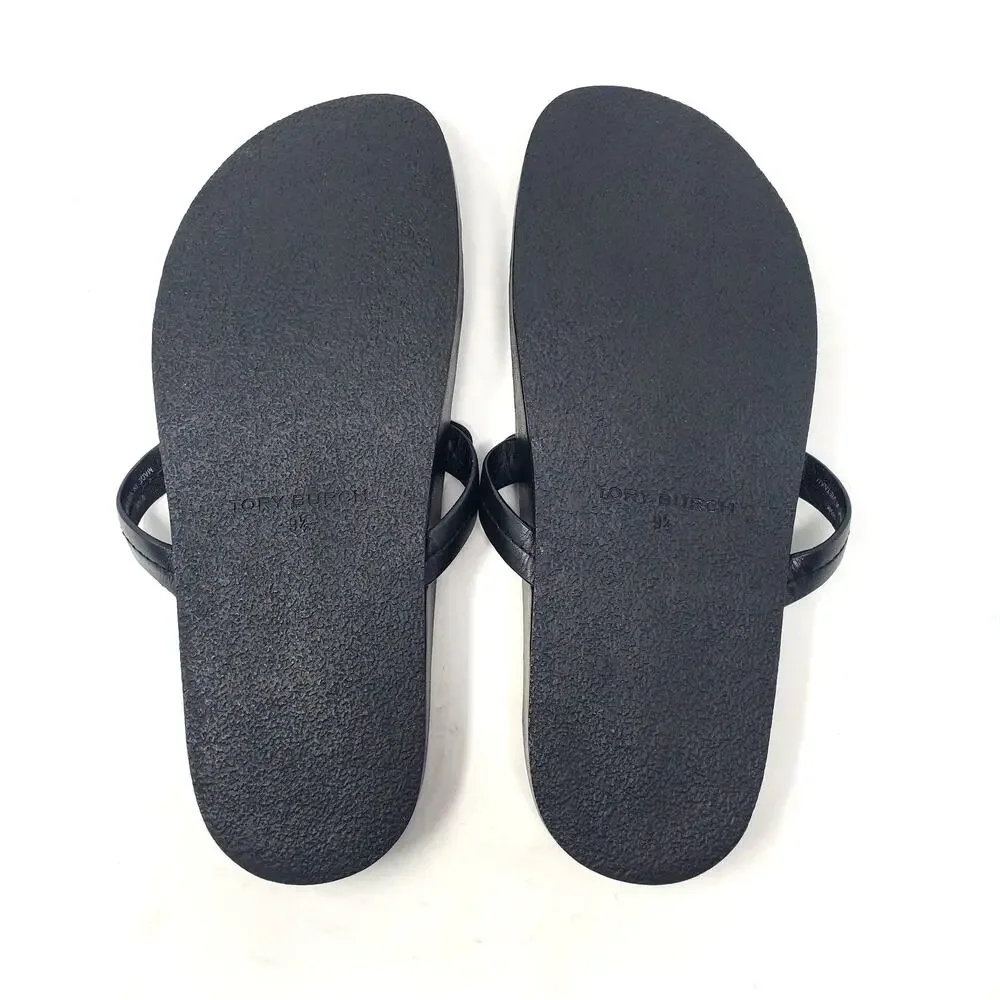 Tory Burch Miller Cloud Thong Sandals Calf Leather Perfect Black Logo Size 9.5 M - Picture 7 of 10